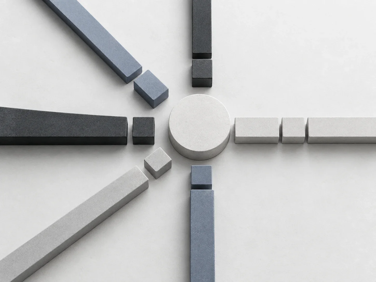 Graphite, white and blue-grey paths converge around a pale circular decision point.